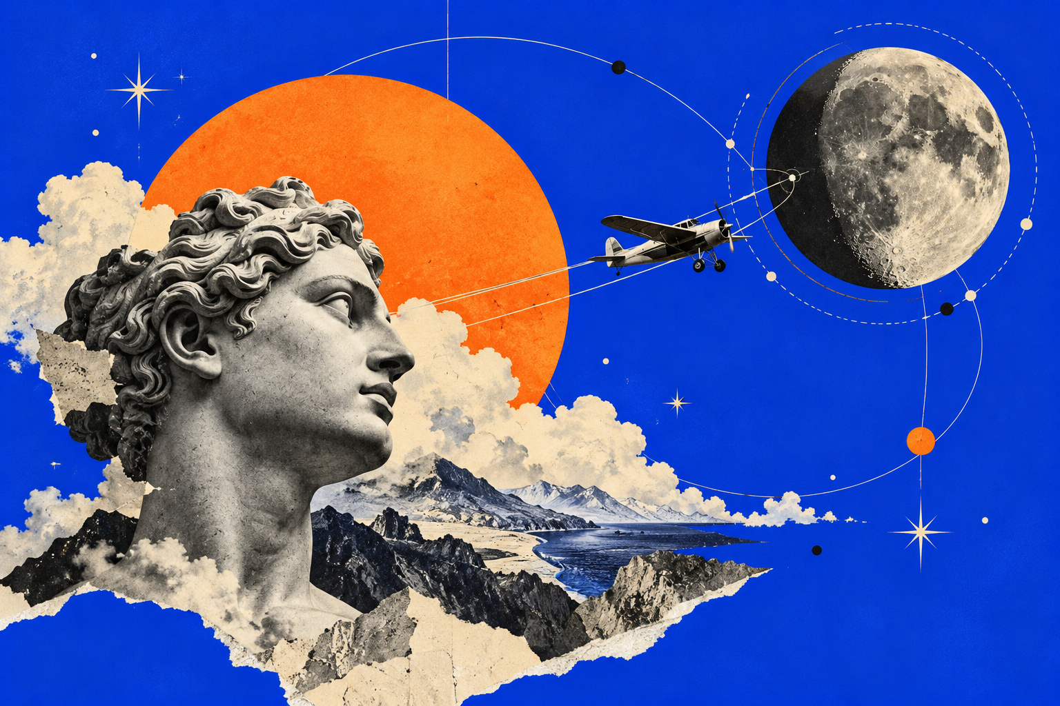 Surreal editorial collage of a classical sculpture, a vintage airplane, and the moon against a vivid blue sky